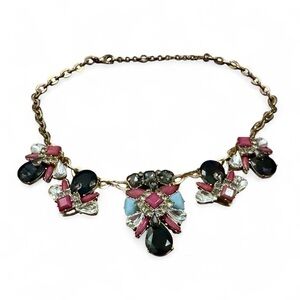 Vintage J. Crew Statement Necklace Clustered Crystals Black Blue Clear Pink Gold